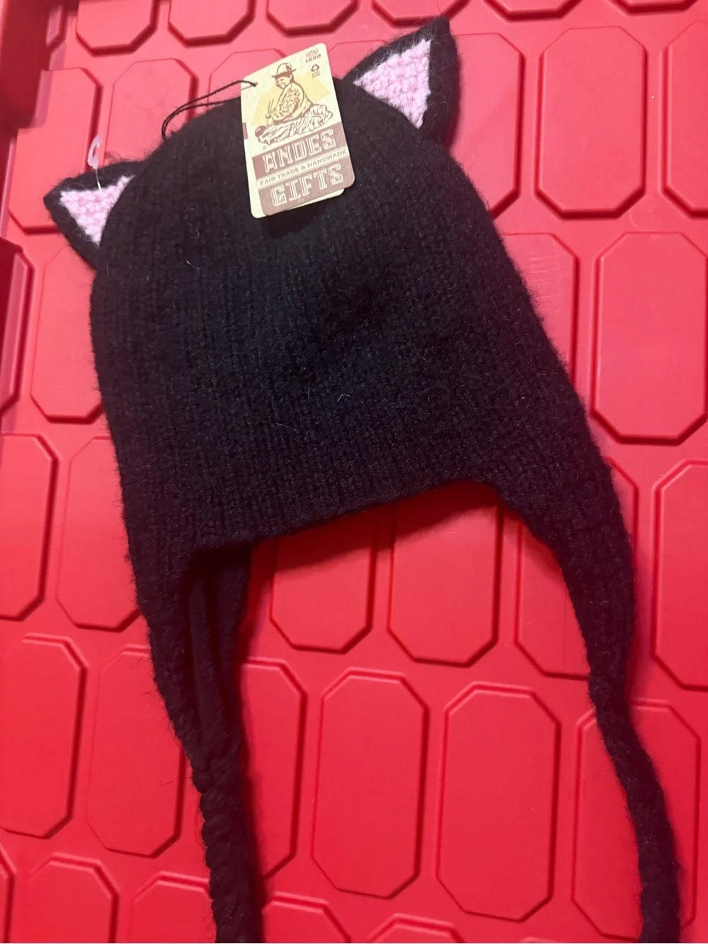 Kids Black Cat Ear Knit Hat with Pink Accents